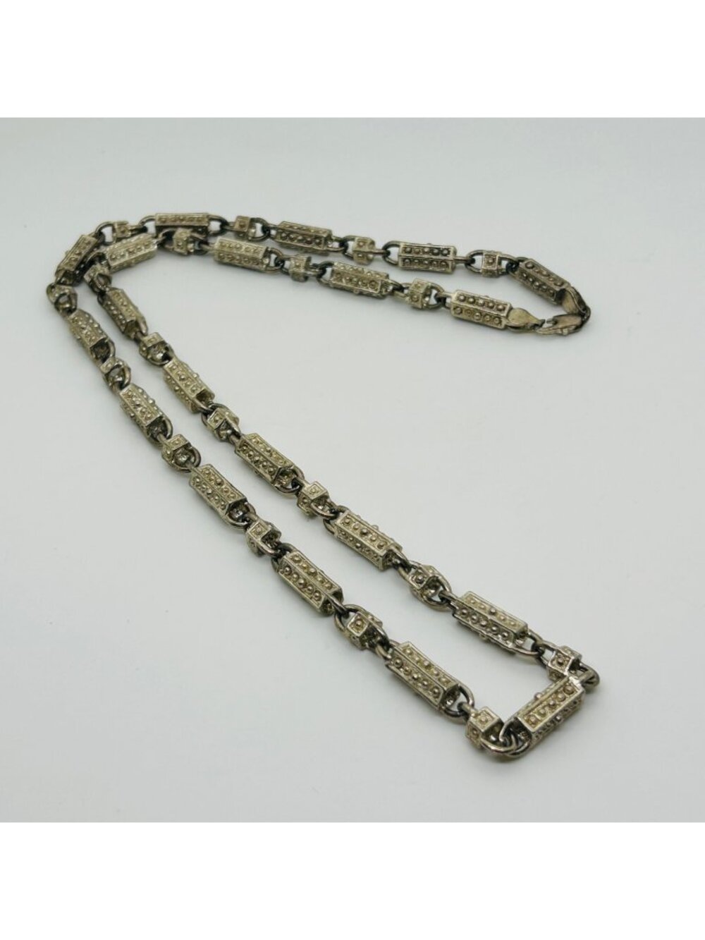 Heavy Necklace Silver Tone Ornate Cylinder Barrel Link Geometric Chain 30" Vinta